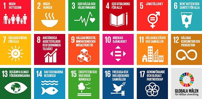 Symboler för de 17 globala målen för hållbar utveckling. 
