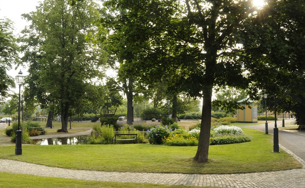 Sommarbild på träd och promenadväg i Ahllöfsparken, Arboga.